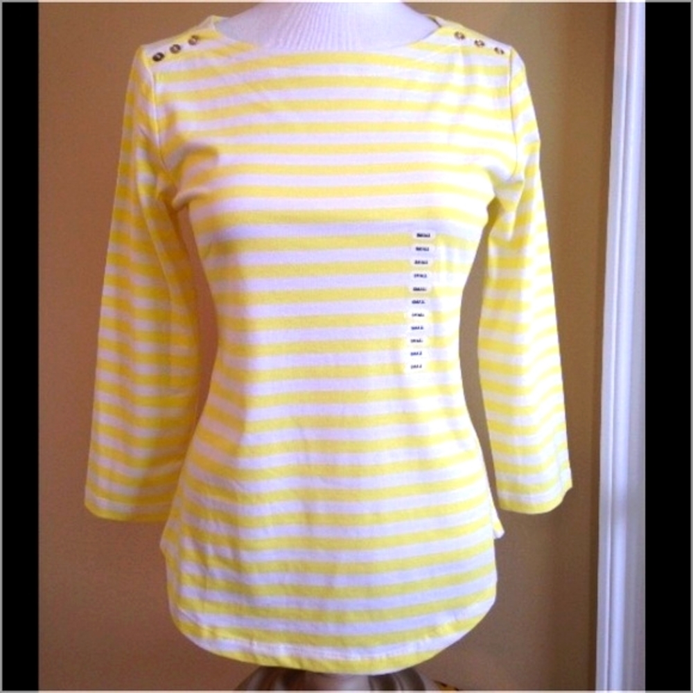 NEW Women's Nautical Pullover Top Classy Tee Yellow Stripe 3/4 Slve Scoop Hem Sm